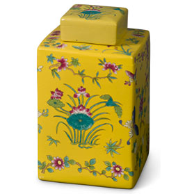 Yellow Rectangular Porcelain Tea Jar with Lotus and Butterfly Motif