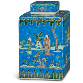 Light Blue Chinese Square Porcelain Tea Jar with Figurine Motif