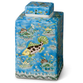 Baby Blue Chinese Rectangular Porcelain Tea Jar with Lotus and Fish Motif