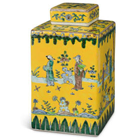 Light Yellow Chinese Square Porcelain Tea Jar with Figurine Motif