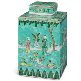 Light Turquoise Chinese Square Porcelain Tea Jar with Figurine Motif