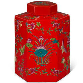 Red Chinese Hexagon Porcelain Tea Jar with Lotus and Butterfly Motif