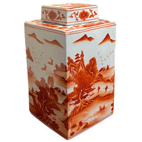 Red Orange Porcelain Scenery Chinese Tea Jar