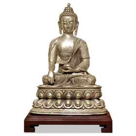 Silver Plated Meditating Buddha Statue Asian Figurine