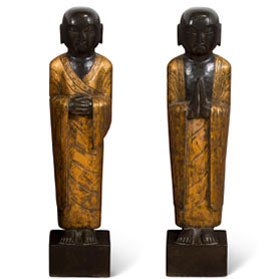 Hand Carved Black Stone Standing Monks with Gold Robe Asian Statues Set - with FREE Inside Delivery