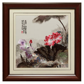 Chinese Silk Embroidery of Pink Lotus and Poetry