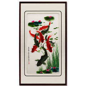 Vertical Chinese Silk Embroidery of Nine Koi Fish and Lotus Flowers