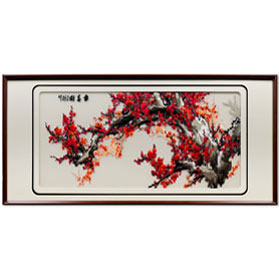 Rectangular Chinese Silk Embroidery of Red Cherry Blossom Tree