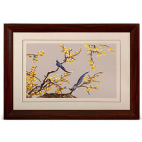 Chinese Silk Embroidery Wall Art of Blue Maggies on a Yellow Ginkgo Branch