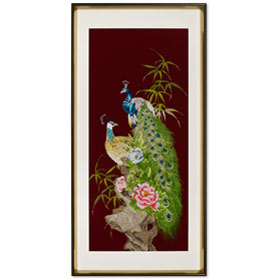Grand Chinese Silk Embroidery of Peacocks and Peony Frame