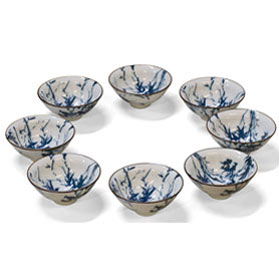 Blue & White Bamboo Motif Chinese Porcelain Tea Cups