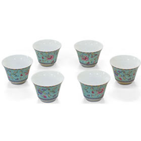 Light Teal Porcelain Chinese Floral Tea Cup Set with Gift Box