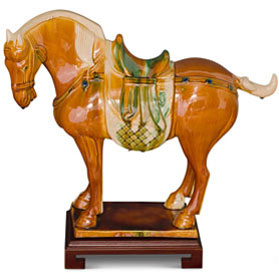 Tang Dynasty Tri-Color Glazed Ceramic Chinese Bay Horse Statue