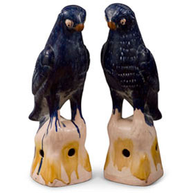 Large Blue Glazed Ceramic Standing Parrots - Set of 2