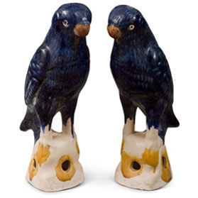 Medium Blue Glazed Ceramic Standing Parrots - Set of 2