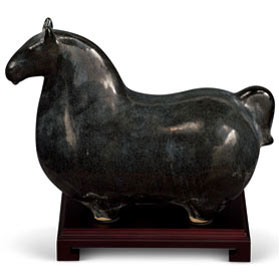 Black Crackle Tang Glazed Ceramic Sitting Horse Oriental Statue