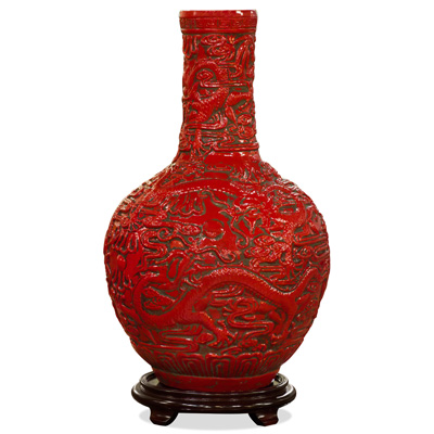 ChinaFurnitureOnline 24 Inch Red Lacquer Mother of Pearl Oriental Porcelain Vase