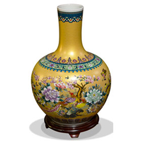 Gold Flower and Birds Chinese Porcelain Temple Vase