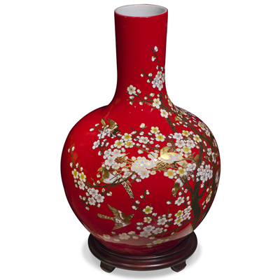 Red Cherry Blossom Chinese Porcelain Temple Vase