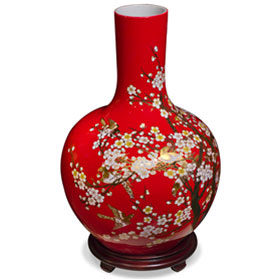 Red Cherry Blossom Chinese Porcelain Temple Vase