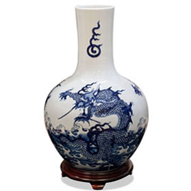 Blue and White Dragon Motif Chinese Porcelain Temple Vase