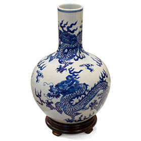 Blue and White Dragon Motif Chinese Porcelain Temple Vase