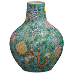 Vintage Teal Blue Peony Flower Chinese Porcelain Temple Vase