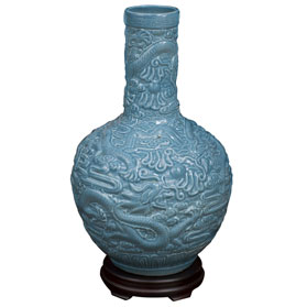 Sky Blue Porcelain Imperial Dragon Motif Chinese Temple Vase