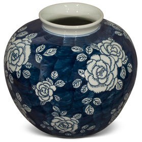 Blue and White Peony Flower Design Chinese Porcelain Jar