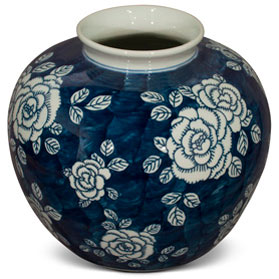 Blue and White Peony Flower Design Chinese Porcelain Jar