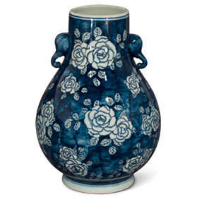 Blue and White Peony Flower Design Chinese Porcelain Vase