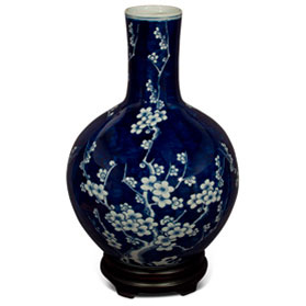 Blue and White Cherry Blossom Flower Motif Chinese Porcelain Temple Vase