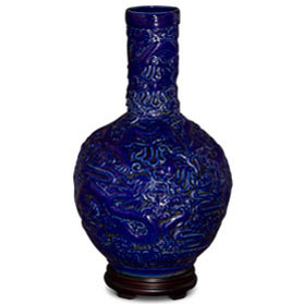 Dark Blue Porcelain Imperial Dragon Motif Chinese Temple Vase