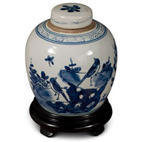 Blue and White Porcelain Bird Flower Motif Chinese Jar