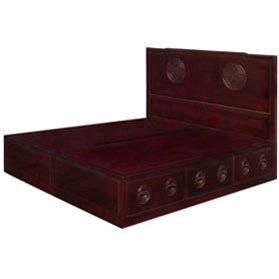 Dark Cherry Rosewood Longevity King Size Chinese Platform Bed with Drawers