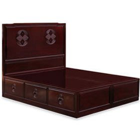 Dark Cherry Rosewood Queen Size Chinese Longevity Platform Bed with Drawers