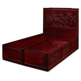 Dark Cherry Rosewood Flower and Bird Queen Size Oriental Platform Bed with Drawers