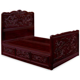 Dark Cherry Rosewood Dragon & Phoenix Motif Queen Size Chinese Platform Bed with Drawers
