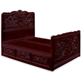 Dark Cherry Rosewood Dragon & Phoenix Motif Queen Size Chinese Platform Bed with Drawers