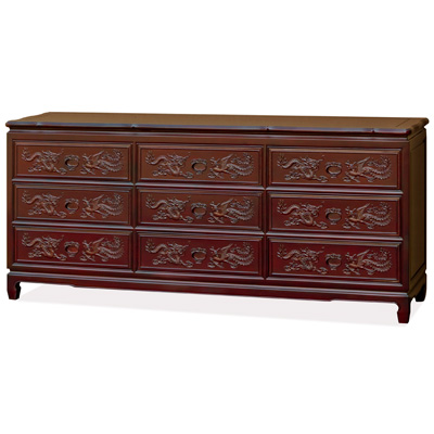 Dark Cherry Rosewood Dragon and Phoenix Oriental Chest of 9 Drawers