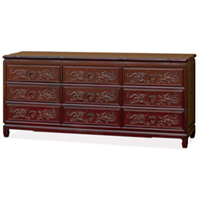 Dark Cherry Rosewood Dragon and Phoenix Oriental Chest of 9 Drawers