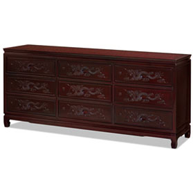 Dark Cherry Rosewood Chinese Dragon Chest of 9 Drawers