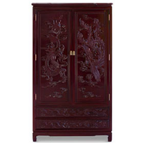 Dark Cherry Rosewood Dragon and Phoenix Chinese Armoire