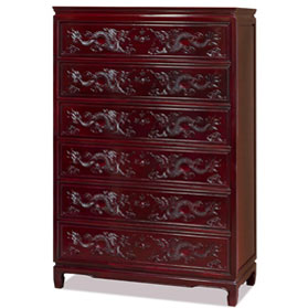 Dark Cherry Rosewood Dragon High Chinese Chest of Drawers