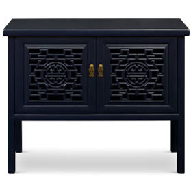 Navy Blue Elmwood Chinese Longevity Motif Cabinet with Lattice Doors