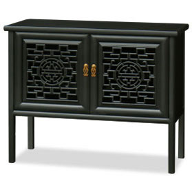 Black Elmwood Chinese Longevity Motif Cabinet with Lattice Doors