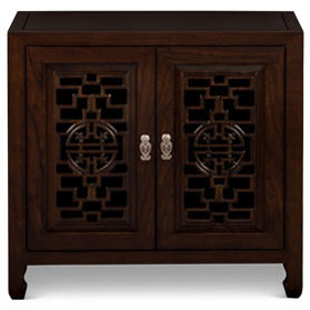 Dark Espresso Elmwood Chinese Longevity Cabinet with Geometric Lattice Doors