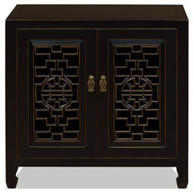 Black Distressed Elmwood Chinese Longevity Cabinet with Geometric Lattice Doors