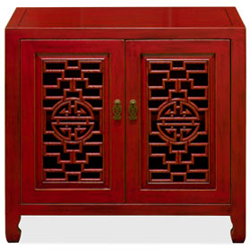 Red Distressed Elmwood Chinese Longevity Cabinet with Geometric Lattice Doors