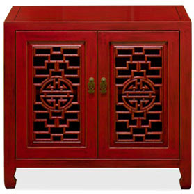 Red Distressed Elmwood Chinese Longevity Cabinet with Geometric Lattice Doors